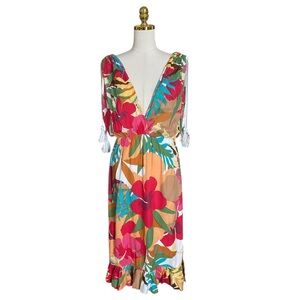 True Destinations Tropical Floral V-Neck Tassel Detail Resort Wear Dress Women M